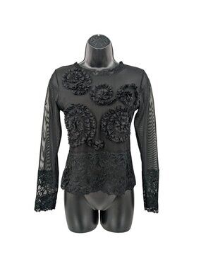 Black Lace Floral Mesh Ruffle Top Whimsigoth Victorian Long Sleeve Made France 3